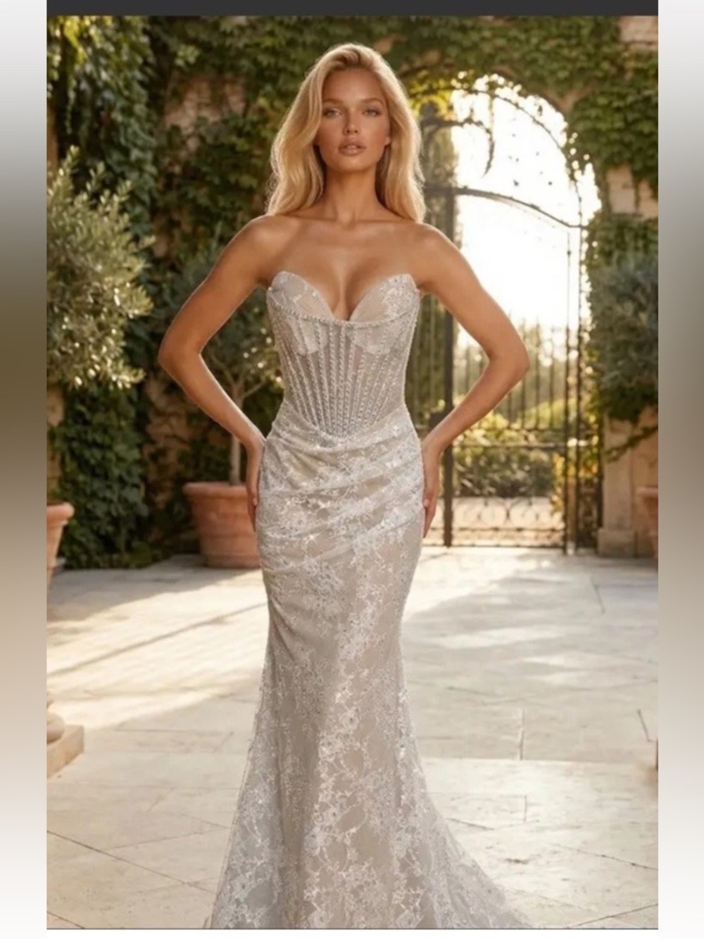 Kos Couture Bridal Strapples Lace White Long Dress Silver Corset Size 8 NWT